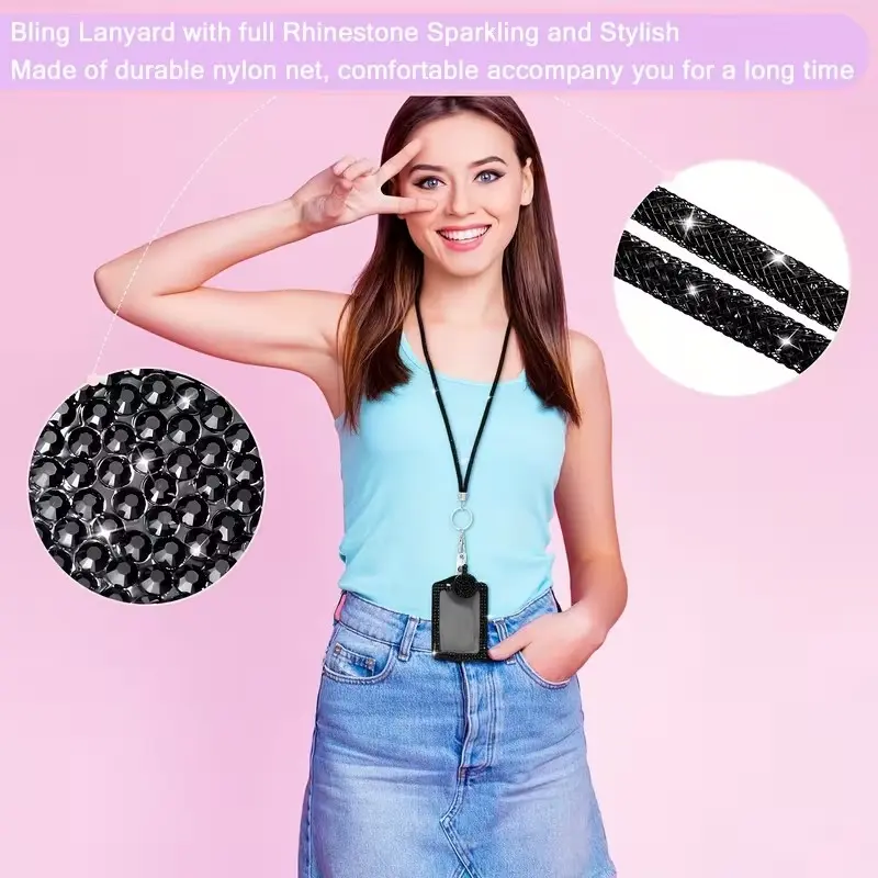 Dazzling Rhinestone ID Card Holder Lanyard, Adjustable Sequin Lanyard with Metal Key Ring, Office Accessory Set for Women