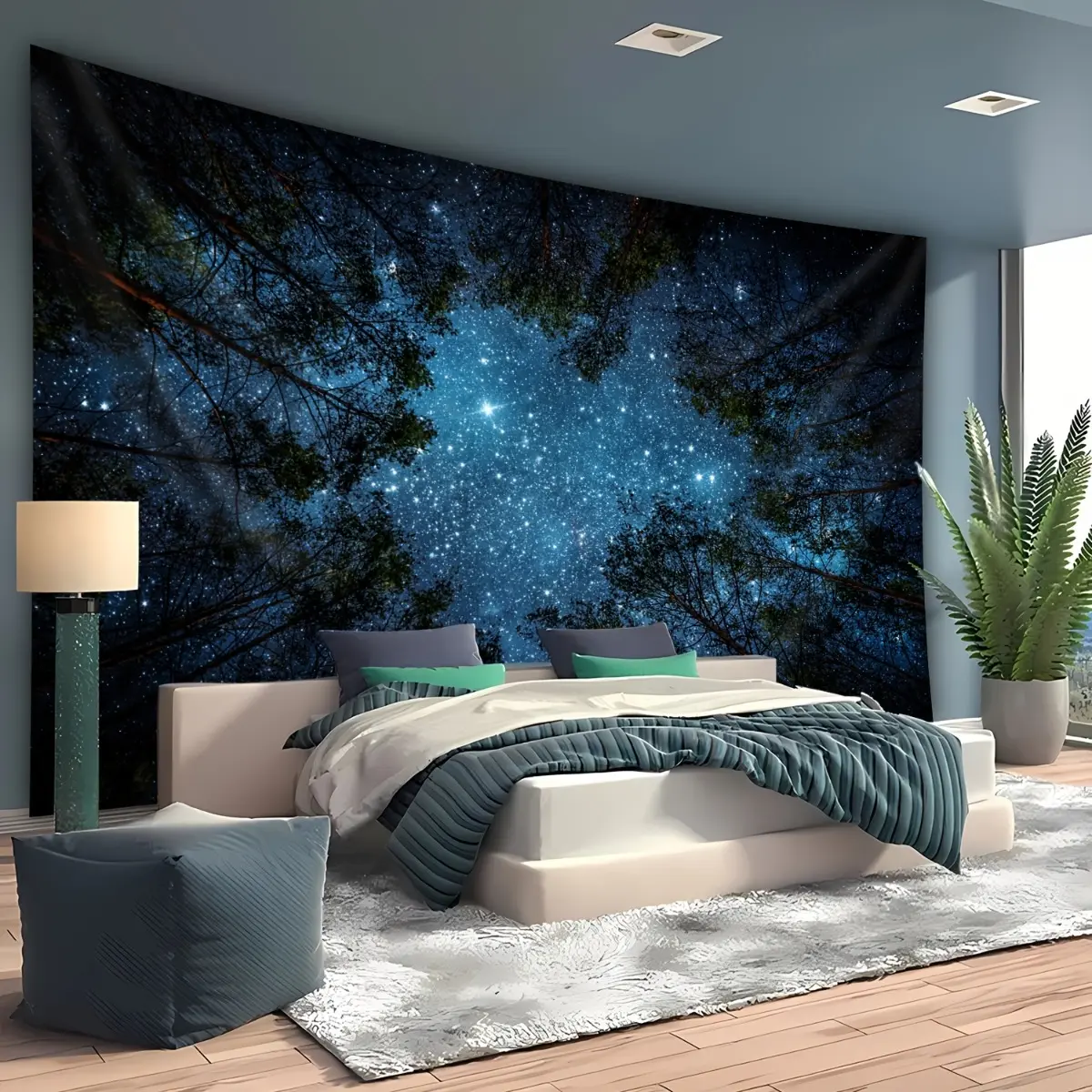 1pc Large Starry Night Forest Tapestry Wall Hanging - Mural with Hanging Clips, Deep Blue & Black Boho Decor for Living Room, Bedroom, Parties |   Peach Beige Fabric Texture, Dark Blue Starry Sky Backdrop (No Install
