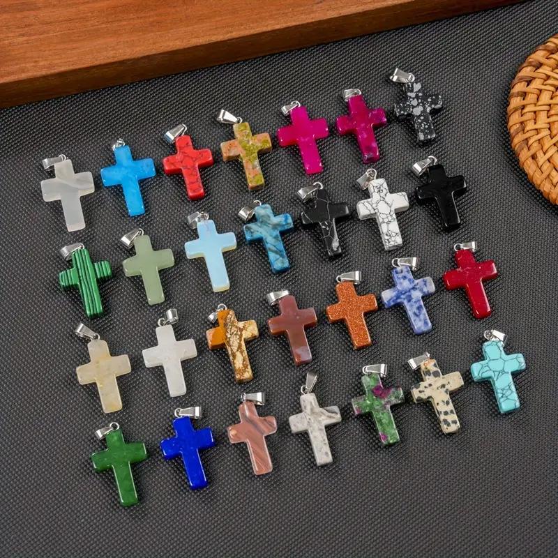 Hot Selling Natural Amethyst Rose Quartz Clear Quartz Cross Pendant Necklace, Healing Crystal Religious Fashion Jewelry for Women Men, Positive Energy Protection Charm, Trendy Stylish Accessory for Daily Wear Party Gift