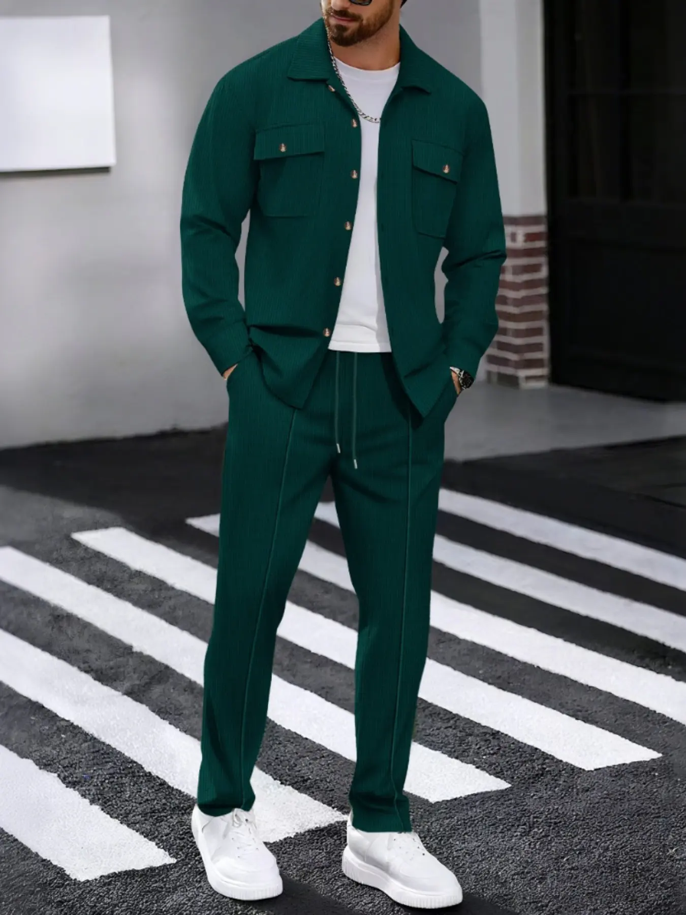 Men's Waffle Knit Shirt and Pants Set, Retro Practical Two-Piece