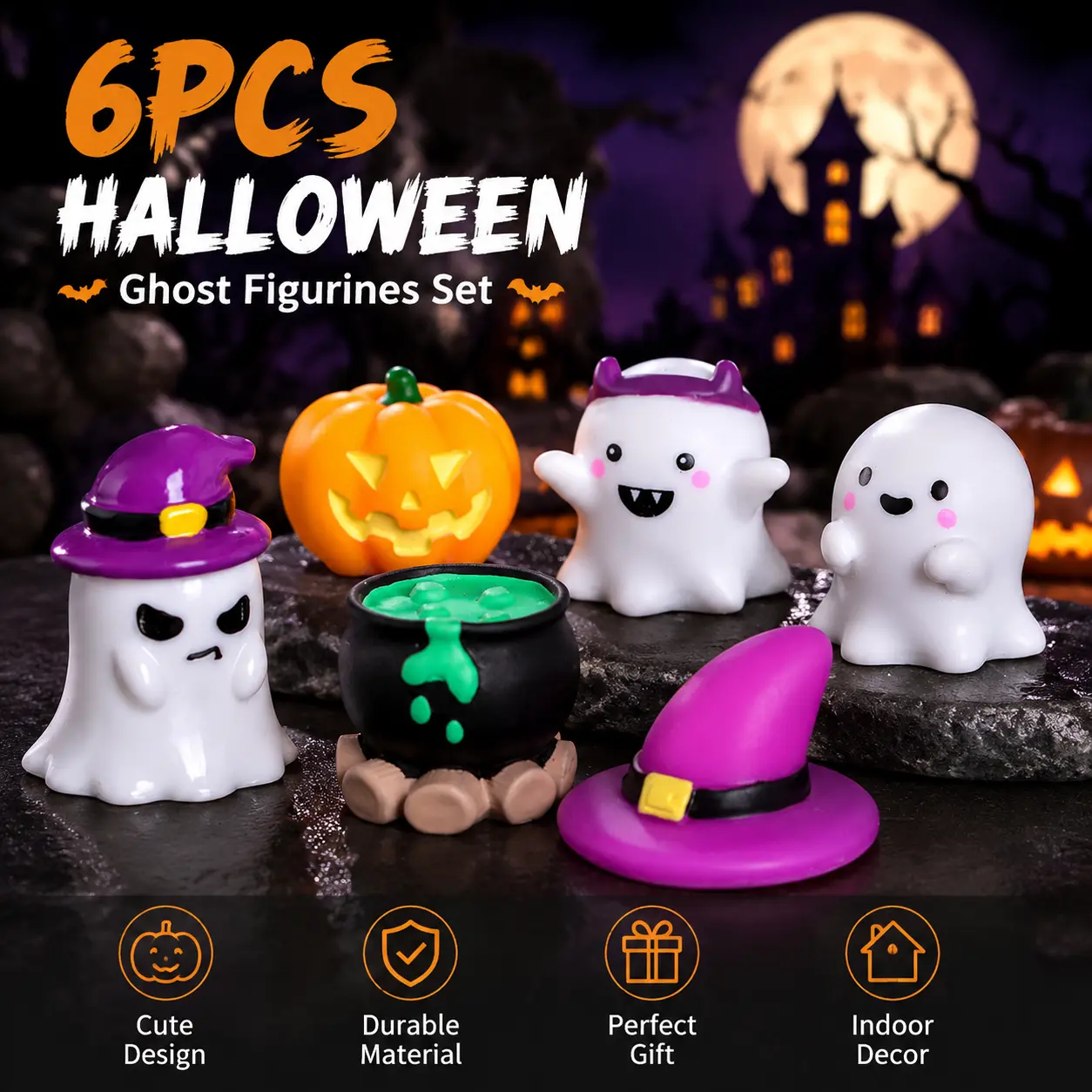 6 Pcs Halloween Decoration Ghost Figurine,Halloween Ghost Statue,  Resin Sculpture, Cute Ghost Decor, Perfect Indoor & Porch Decoration Tabletop Decor-YY1