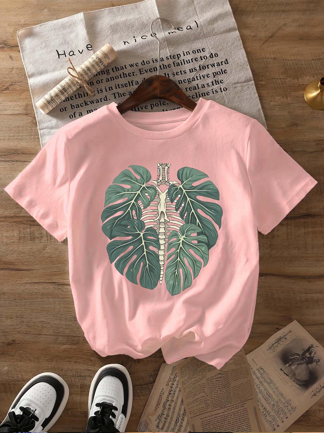 Women's Leaf Print Round Neck Graphic Tee, Vintage Trendy Bohemian Chic Casual Drop Shoulder Short Sleeve T-shirt for Daily Wear, Ladies Summer Clothes, Streetwear Tshirt, Tops