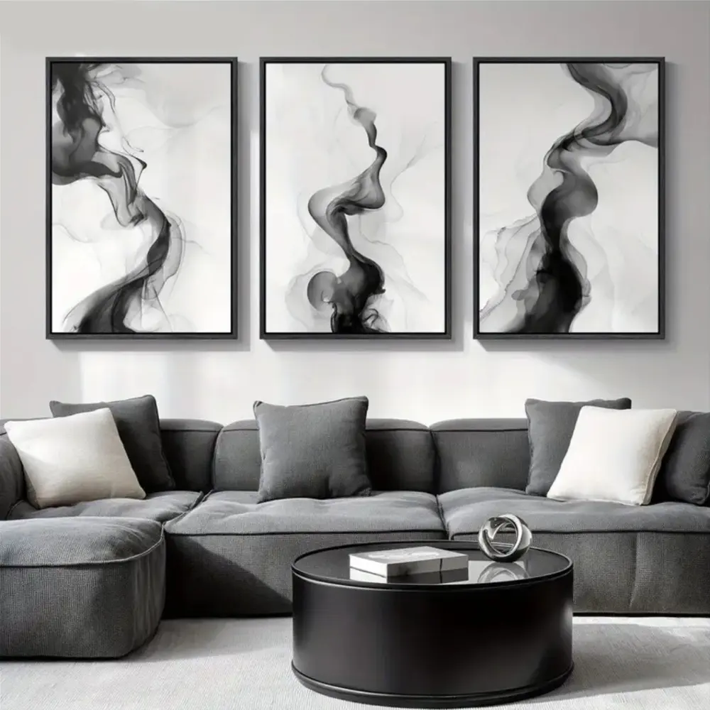 3 Pieces Black White Grey Abstract Canvas Art, Abstract Design, Wall Decor Mural, Simple Modern Home Art, Contemporary Gallery Decor, Monochrome Painting, Wall Decor for Living Room and Bedroom, Framed or Unframed.