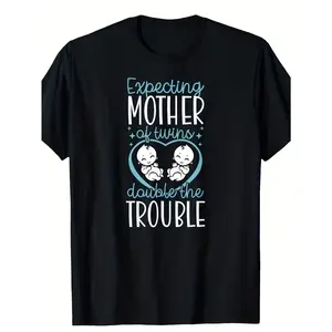 180g Unisex Expecting Mom of Twins T-Shirt - Fun "Expecting Mother of Twins - DOUBLE THE TROUBLE" Graphic Tee - Soft Breathable Lightweight Cotton Shirt for Twin Pregnancy Announcement - Sizes S-XXXL - Perfect Twin Parent Gift