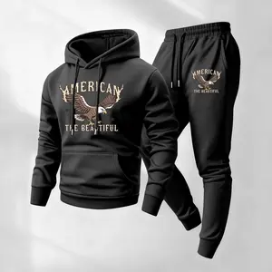 Men's vintage eagle print hooded sweatshirt and drawstring sweatpants set, men's casual sportswear, long-sleeved hooded jacket and trousers, suitable for autumn and winter wear, men's everyday casual wear, sports suit, casual athletic wear.