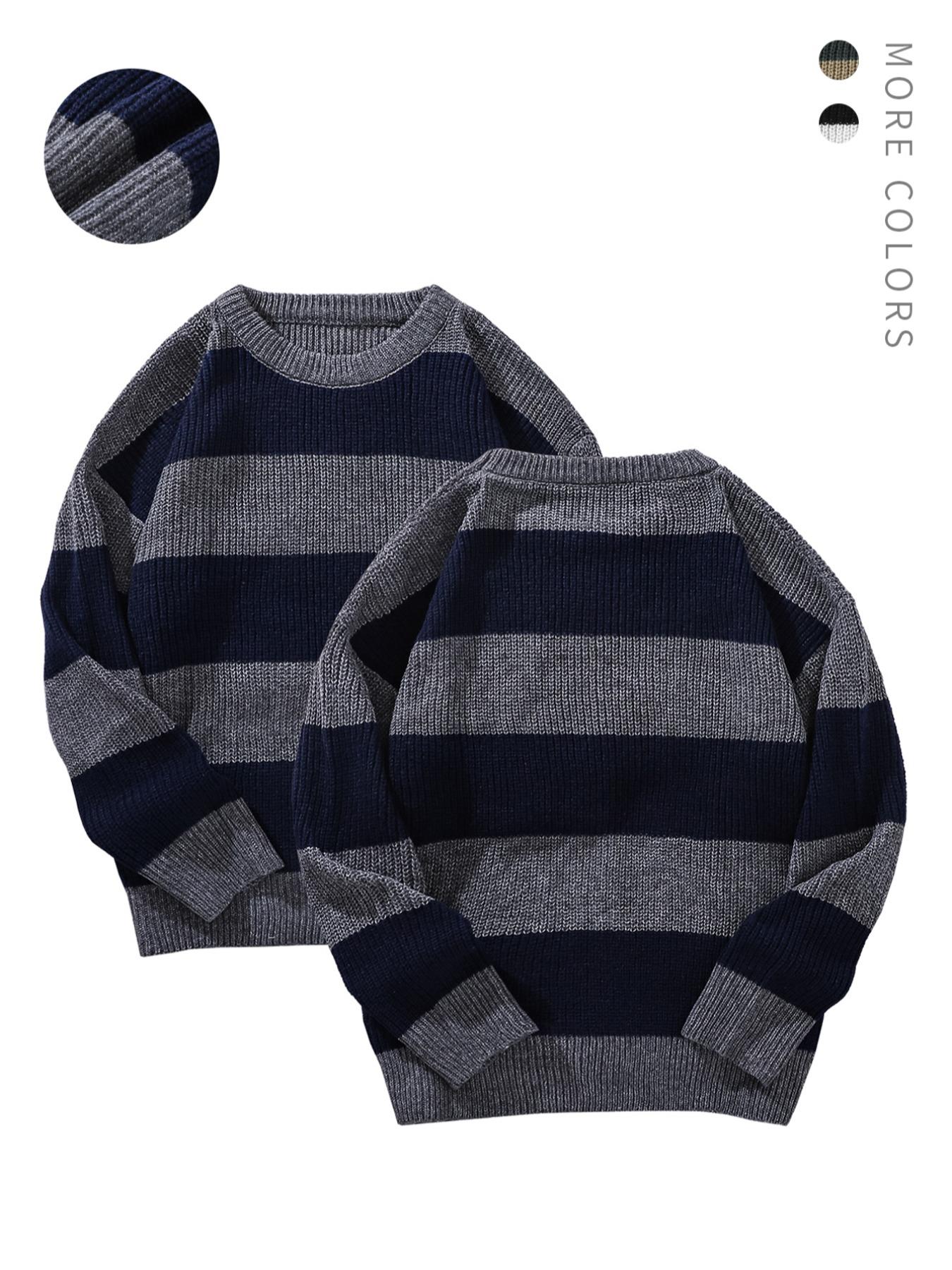 Men's Striped Print Round Neck Knitted Sweater, Casual Regular Fit Long Sleeve Jumper for Fall & Winter, Men's Knit Pullover for Daily Wear, Going Out Outfit