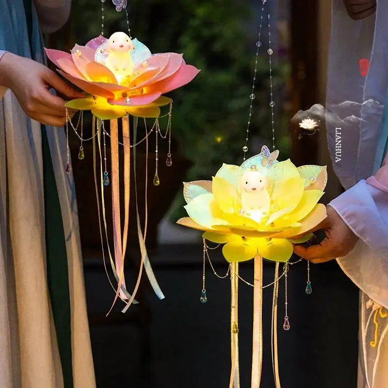 Mid-Autumn Festival Lotus Lantern Diy Portable Luminous Antique Rabbit Lotus Lantern Handmade Lanterns Festival Party Supplies