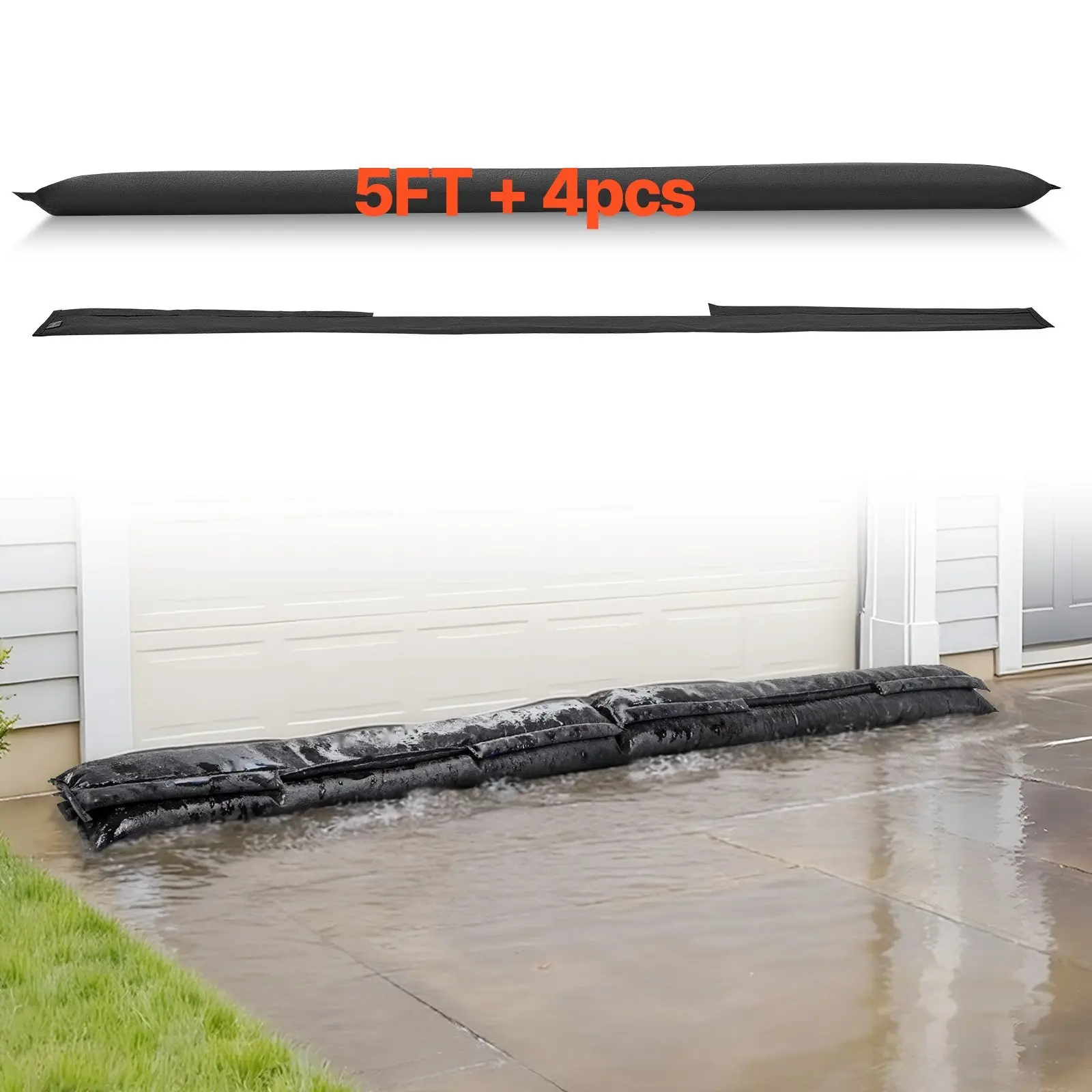 Flood Barrier Set, 4 Pack, 5 x 0.7 Ft Water Activated Flood Bags, Reusable Water Absorbent Barrier System, Sandless Sandbags For Flood Blockage Prevention, For Home Doorways Basements Garages, Emergency Flood Protection