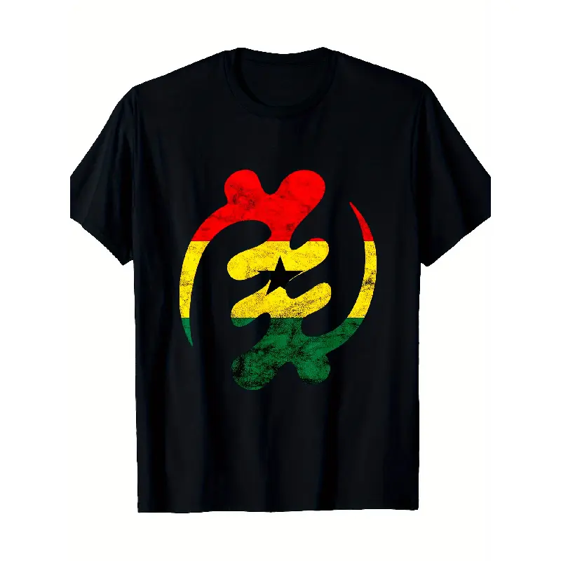 Men's Gye Nyame Adankra African Symbol Ghana Flag Crew Neck Short Sleeve T-Shirt - Skin-Friendly, Breathable, Basic, Machine Washable - Suitable for Everyday Wear, Formal, Evening Dress Occasions, All Seasons, Minimalist, Normal Type, Party