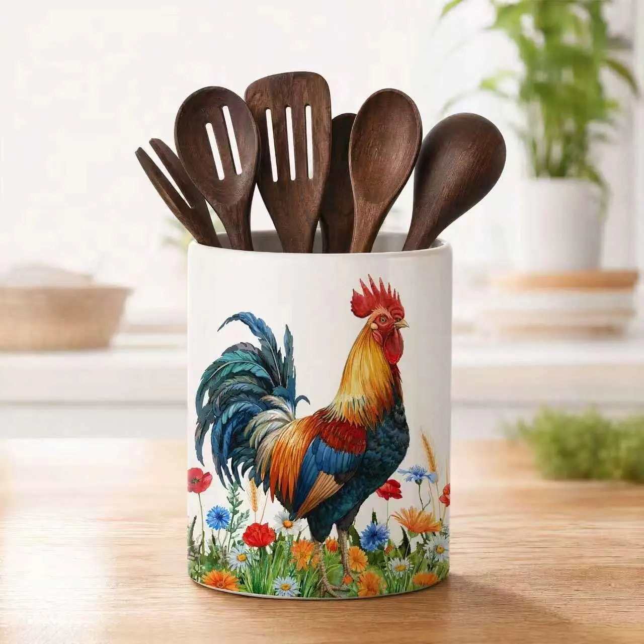 Rooster Ceramic Utensil Crock, Farm Rooster Kitchen Utensil Holder,  Countertop Storage Organizer,  Decor  for Spatulas & Baking Gadgets