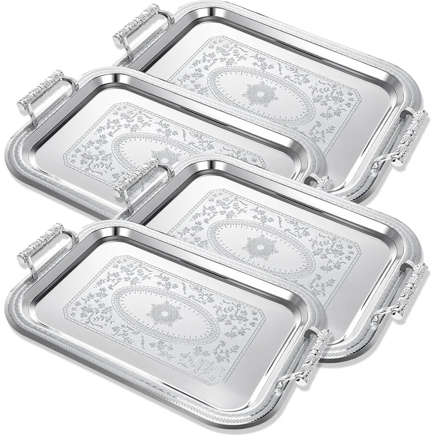 4 Pack Stainless Steel Serving Tray with Handle, 16 x 11.4 Inch Large  Plate Elegant Floral Metal Platter Tableware for Buffet Wedding Birthday Decorative