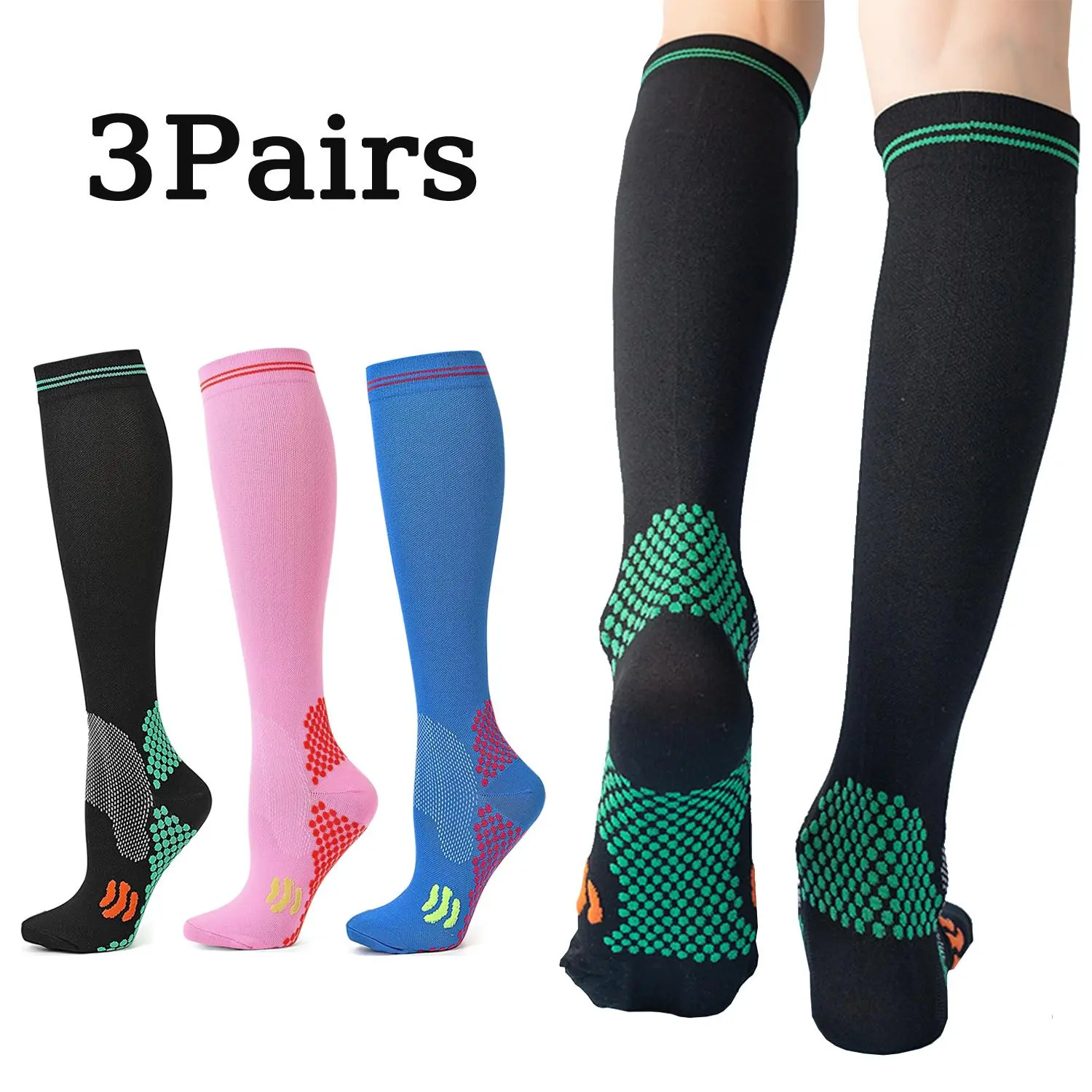 3 Pairs Unisex Knee-High Compression Socks, Moisture Wicking Breathable Fabric, All Seasons Outdoor Sport Socks for Running/Cycling, Biking