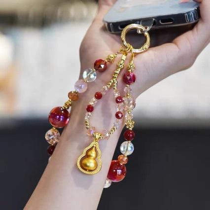 Original purple and gold gourd mobile phone chain, bright red crystal glass bead mobile phone lanyard, hanging chain, luxury wrist strap