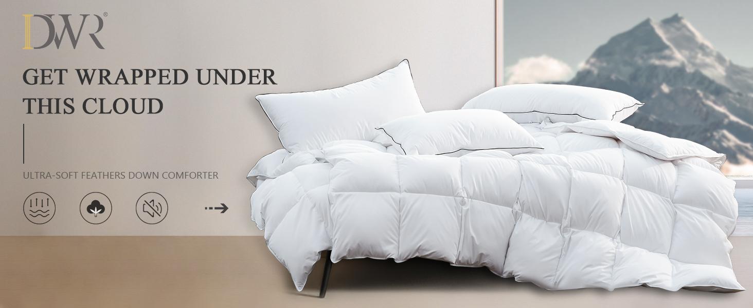 DWR Luxury Feather Down Fiber Comforter Oversized Queen Size,-Soft Cotton-, Light Weight for Hot Sleepers/Warm Hotel Style Duvet Insert with Ties (98"x98", White)