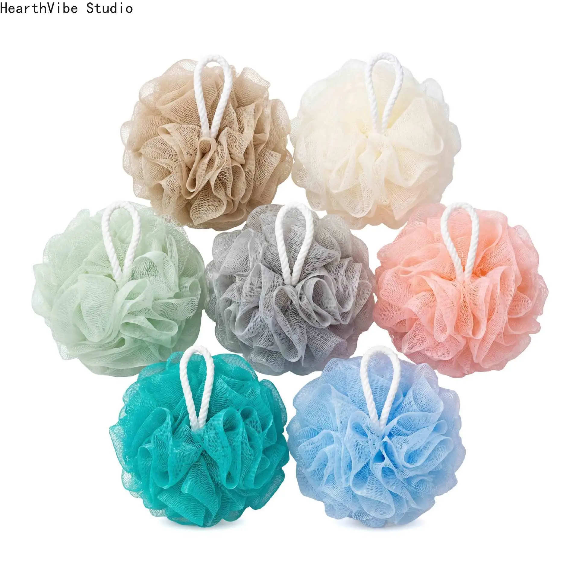 7 Pack Large Bath Loofah Sponge Soft Mesh Shower Pouf Body Scrubber Ball with Hanging Cotton Rope for Family Bathroom Spa, 7Pc, Hangable