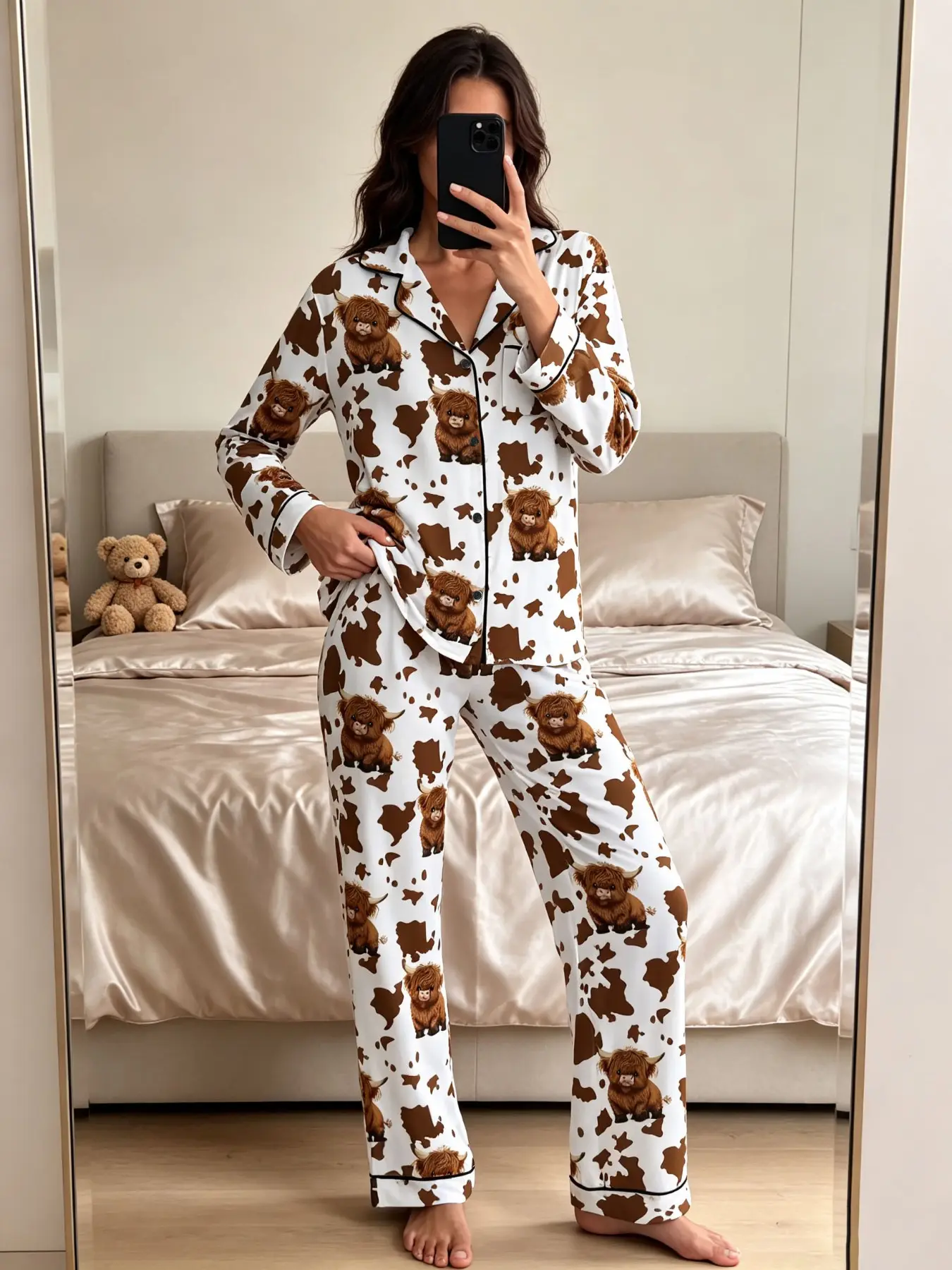 Women's High-Profile Giraffe Print Collar Comfortable Long Sleeve Button-Up Top and Elastic Pants Pajama Set, Casual Home Wear