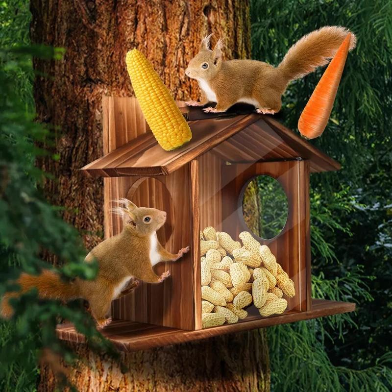 Bingopaw Wood Squirrel Feeder Outside Winter Wooden Chipmunk Feeder Corn Peanuts
