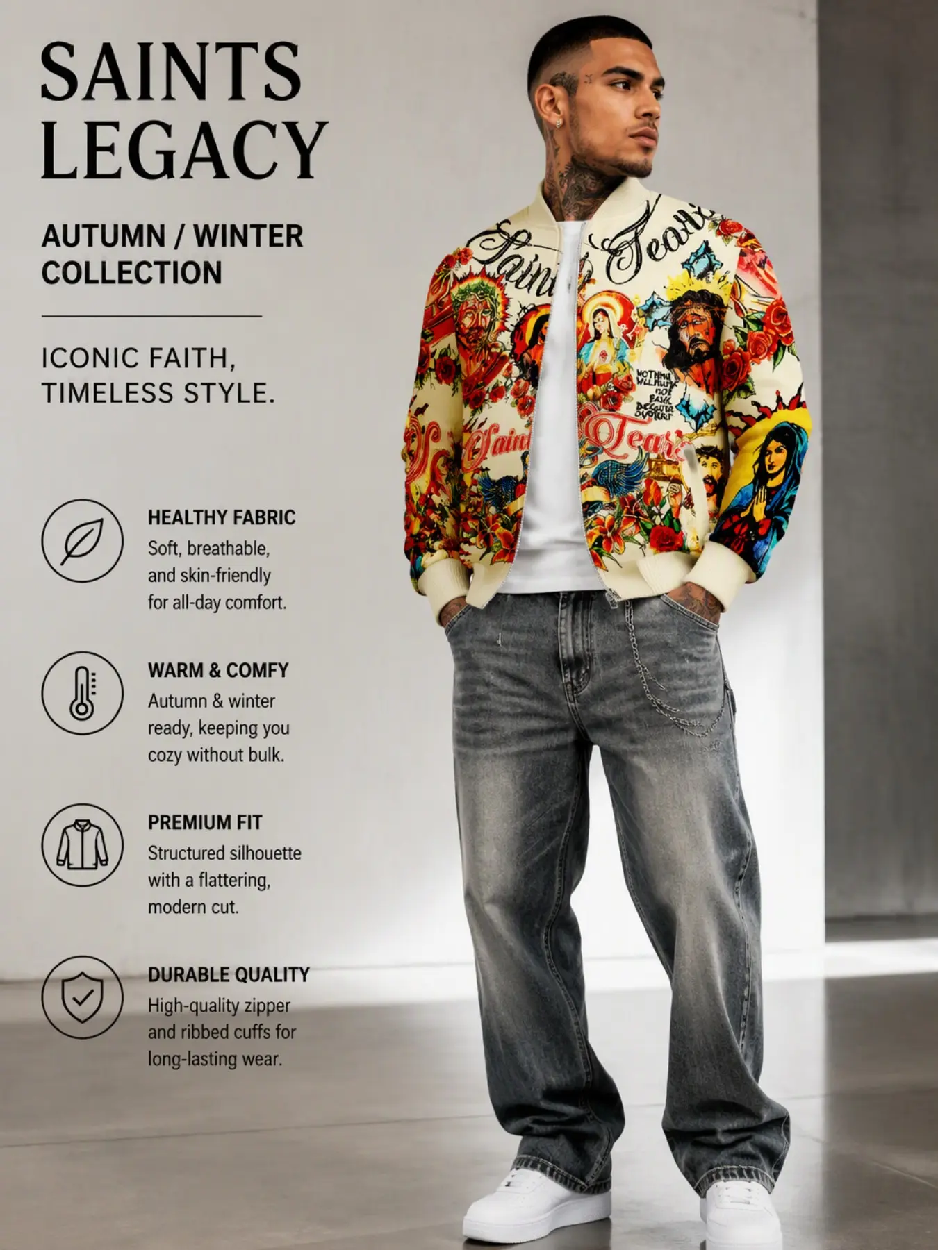 Men's Cream Color Religious Mary Jesus Portrait Full Zip Bomber Jacket, Vintage Rose Print Windproof Jacket, Gothic Streetwear Fall Winter Coat