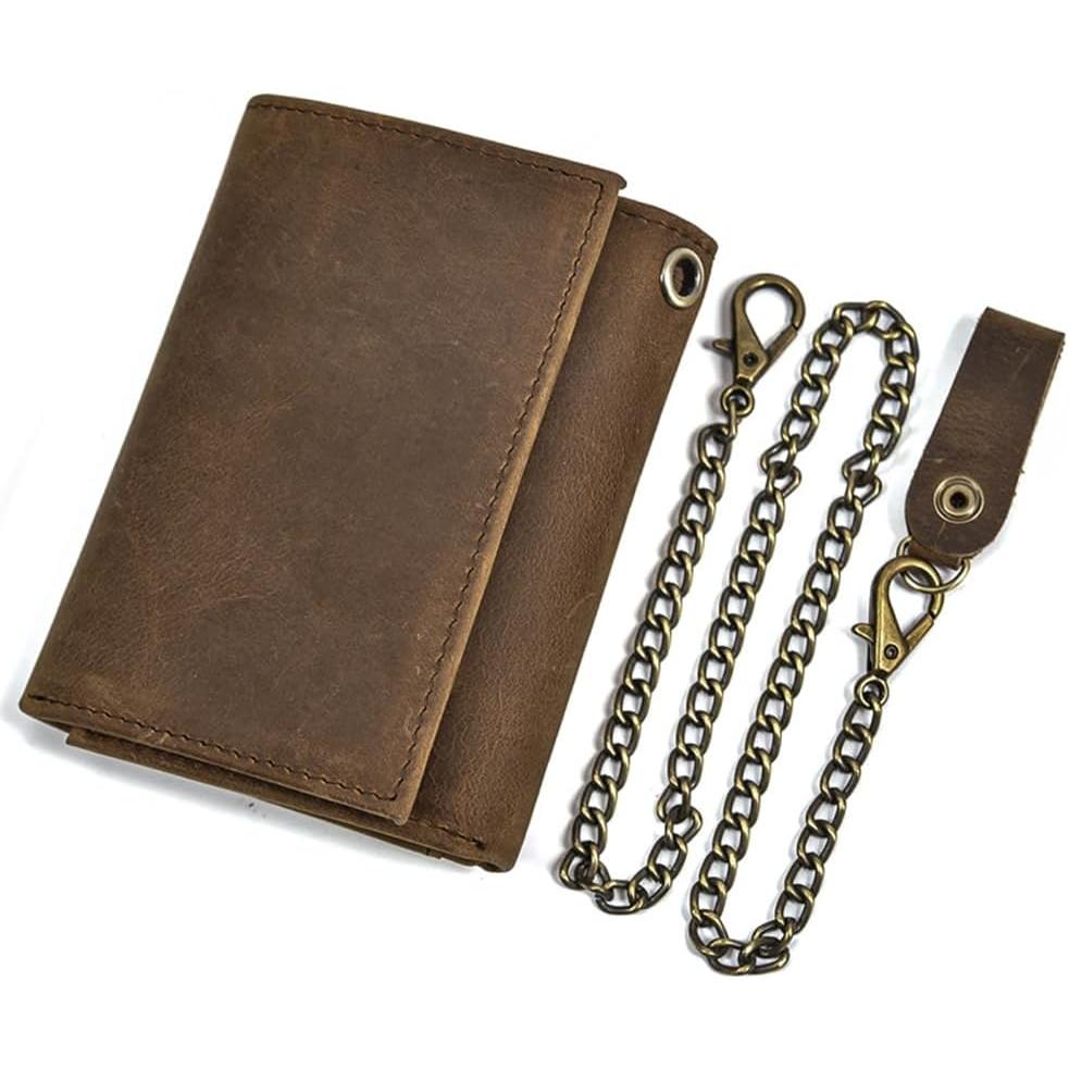 SUNDAY MIRTH Mens Wallets with Chains,  Trifold Wallet RFID Blocking Anti- Chain for Biker,  (Brown)
