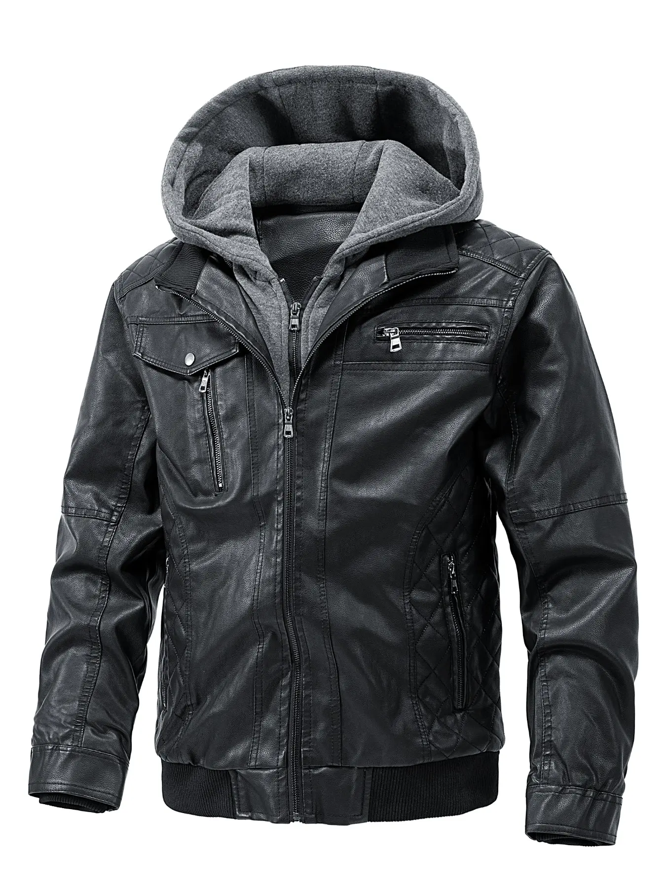 Men's Hooded Leather Jacket, Casual Style Zip-Up Open Front, Long Sleeve with Pockets, Fall & Winter Outerwear for Outdoor Activities