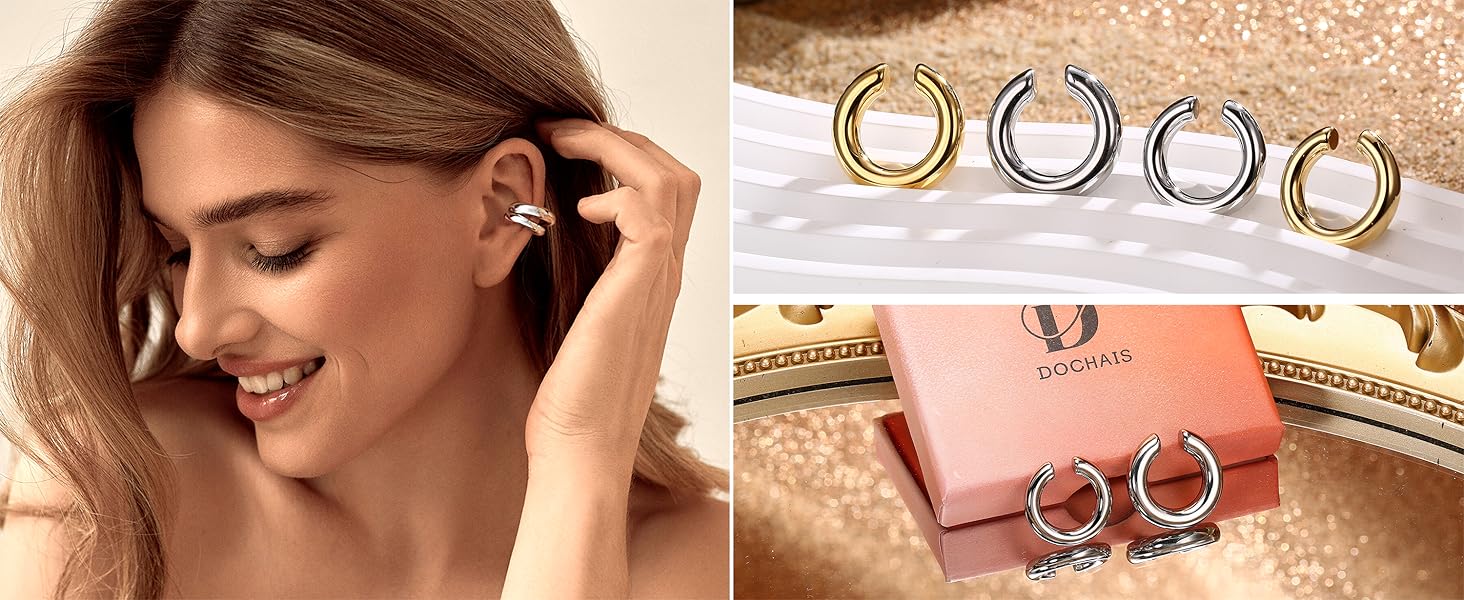 Ear Cuff Non-Piercing Earrings, Women's Chunky Earcuff Earrings No Hole Clip on Cartilage Earrings for Girls Hypoallergenic Jewelry Gift, Di medie dimensioni, Brass, Cubic Zirconia