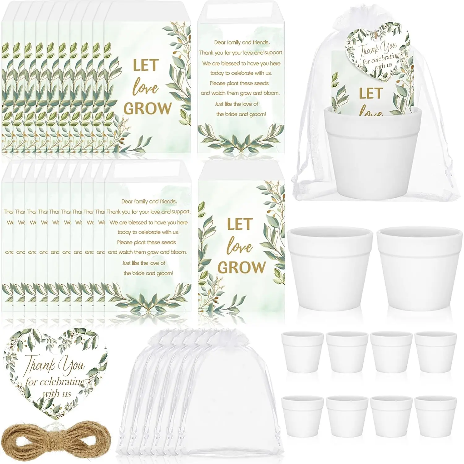 50 Sets Eucalyptus-Themed Wedding Guest Favours Kit with Succulent-Friendly Self-Adhesive Double Offset Paper Seed Packets (Seeds Not Included), White Flowerpot Thank-You Tags & Organza Bags for Bridal Events