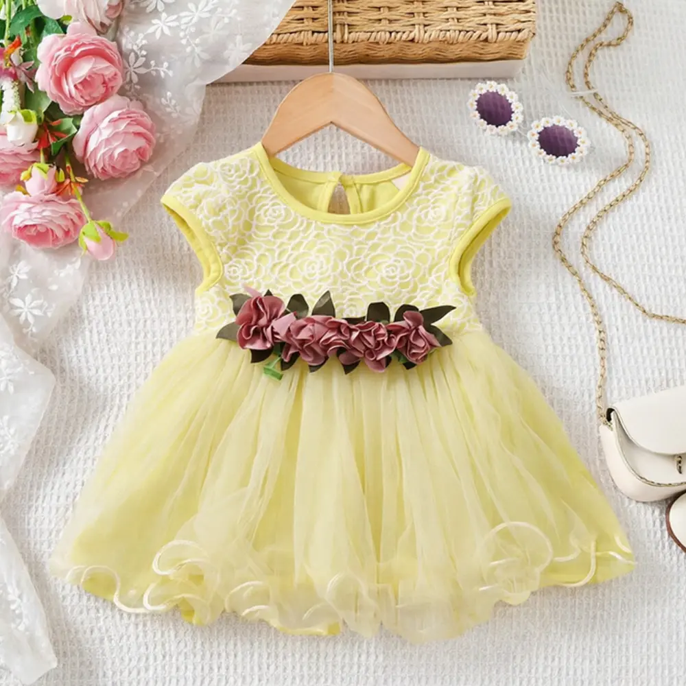 Girls' Princess Dress, Cotton Blend Short-Sleeve Round Neck Back-Button Loose-Fit Outfit, Multi-Layer Mesh Waist Floral Lace Ruffle Hem Summer Party Dress, Princess Dresses