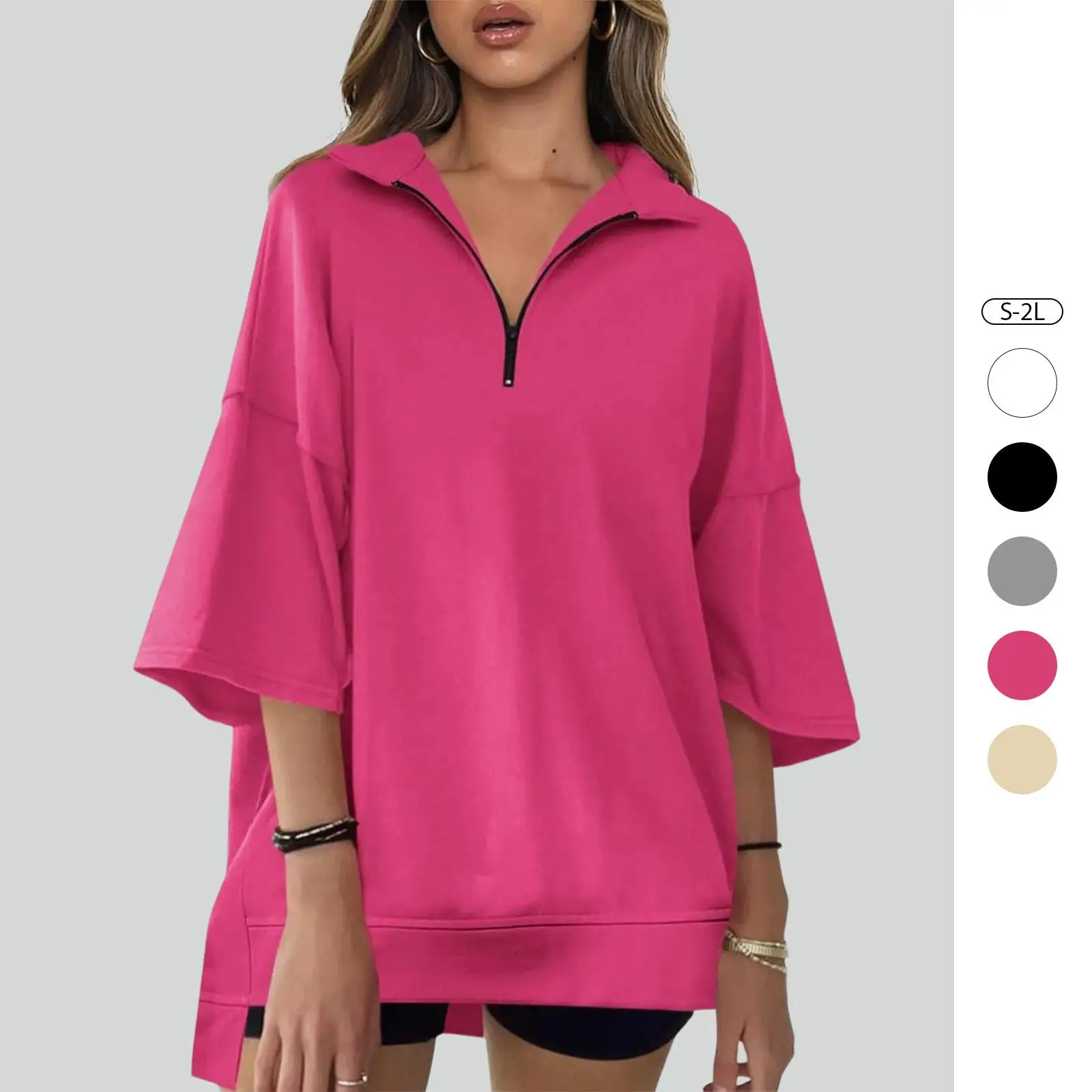 Imily Bela Womens Oversized Sweatshirt Casual Zip Up V Neck 3/4 Sleeve High Low Pullover Tunic Tops