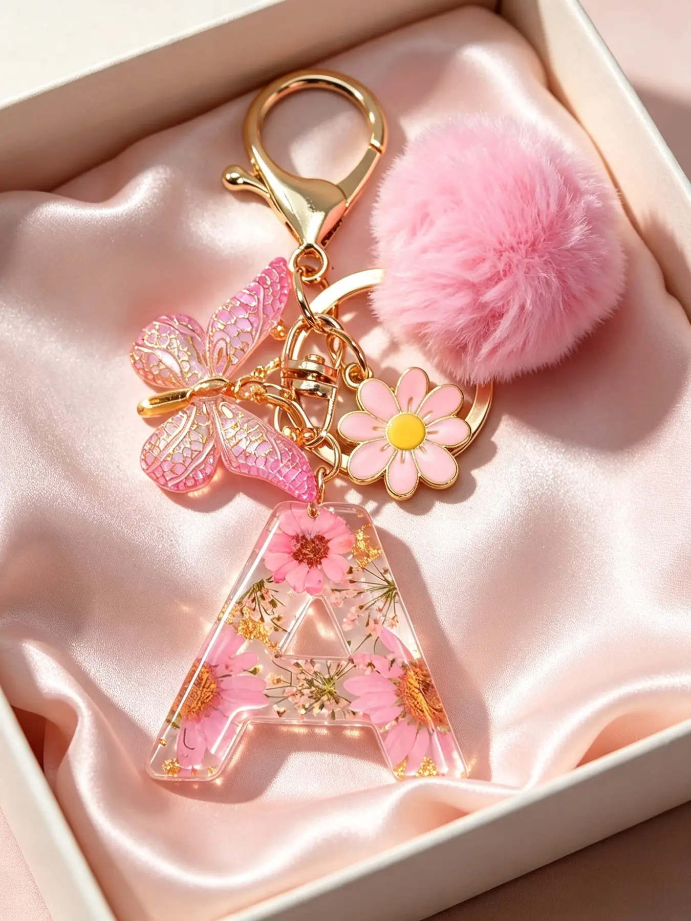 Floral Resin Letter Keychain with Fuzzy Ball Pendant, Butterfly Charm and Fringe, DIY Gift for Women, Perfect for Wallets and Keys