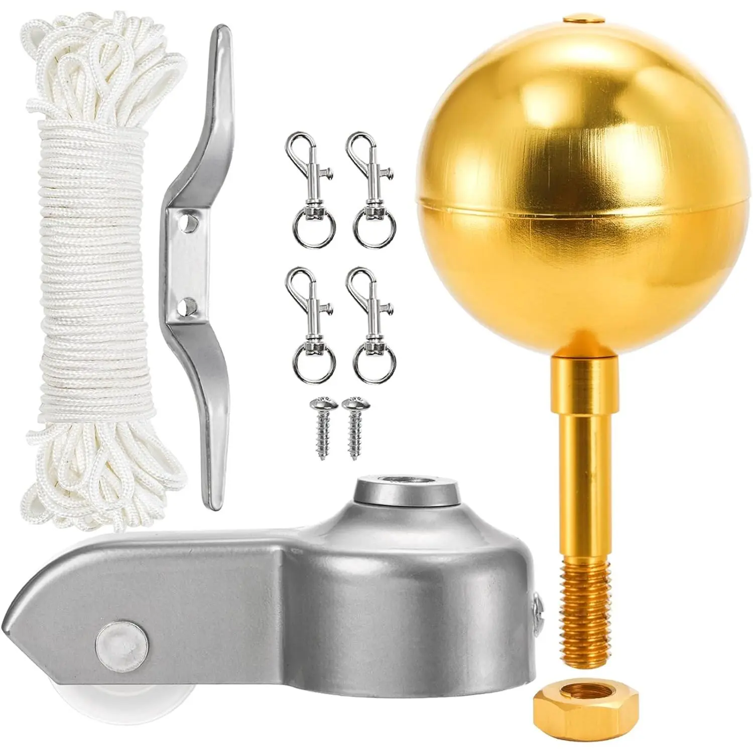 Flag Pole  Kits, Flag Pole Hardware  Repair Kit, 3" Topper  Ball, 50  Halyard Rope, 4" Cleat Hook with 2 Screws, 4 count Swivel Snap Hooks, Flagpole Pulley  for 2" OD Tube