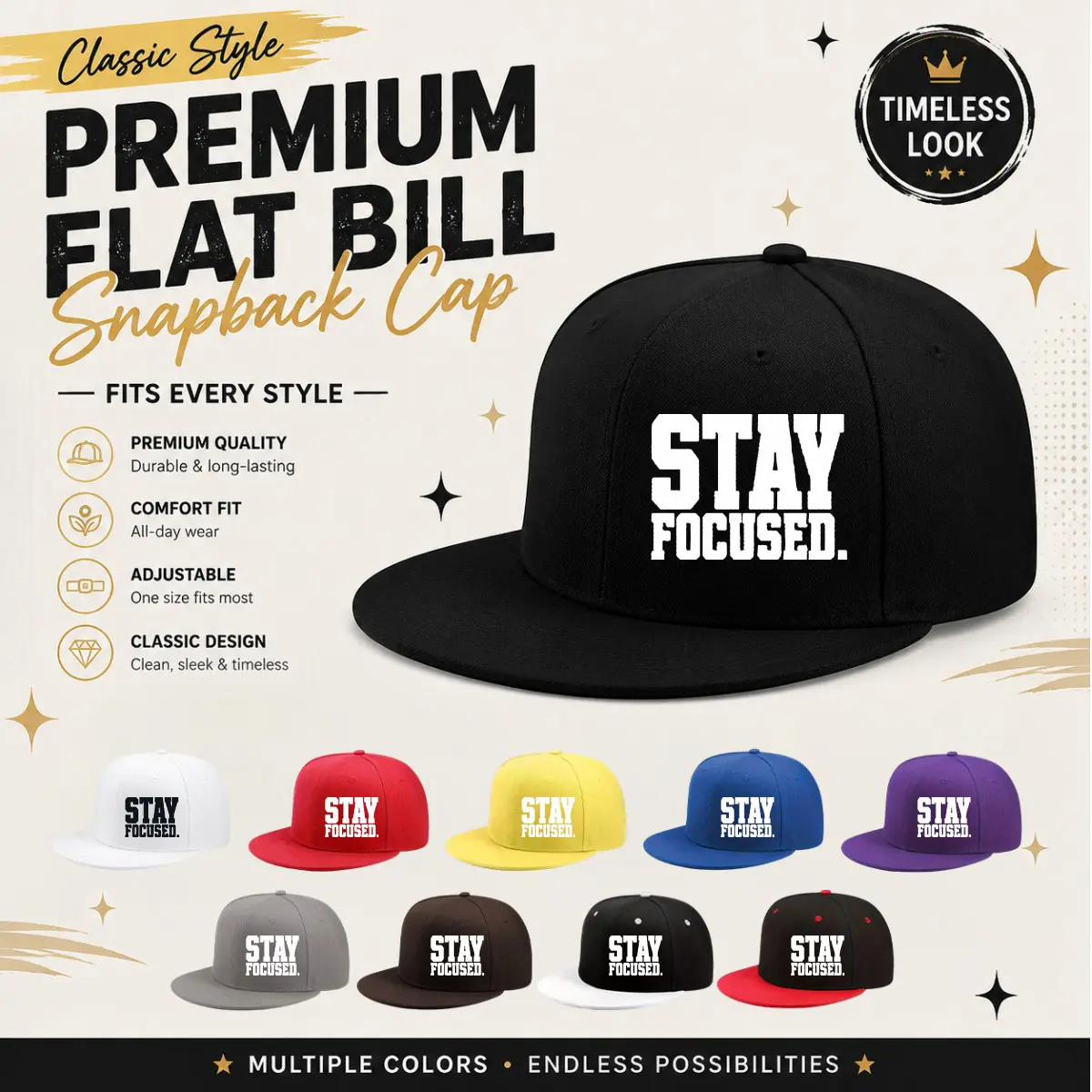 Classic flat brimmed baseball cap, adjustable back button flat brimmed cap in multiple colors, suitable for both men and women, suitable for various scenes, with the words "stay focused" on the baseball cap