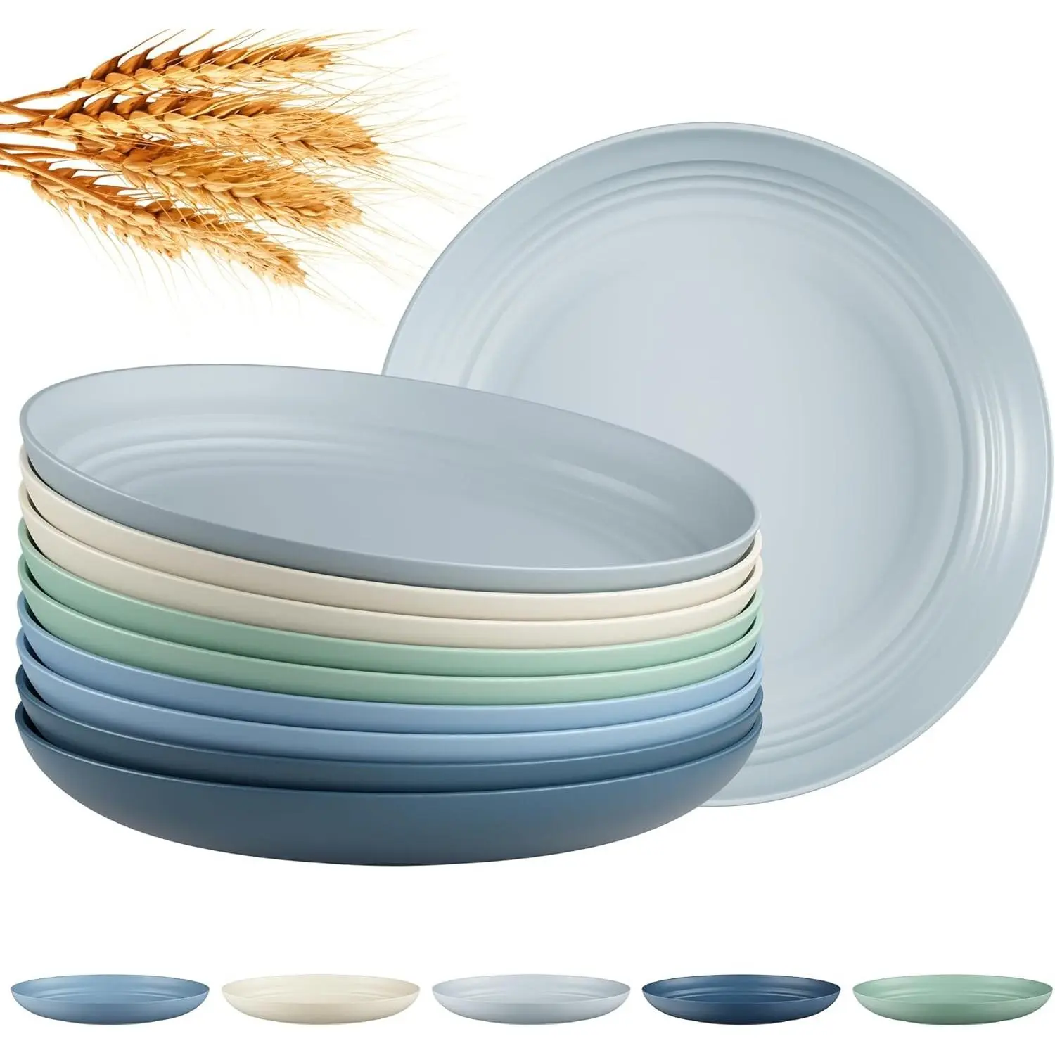 Quatish 10 PCS Unbreakable Reusable Plastic Plates,8 inch Dishwasher & Microwave Safe Dinner Plate, Easy-to-Clean Lightweight,Portable for Kitchen & Picnics Wheat Straw Plates（Blue）