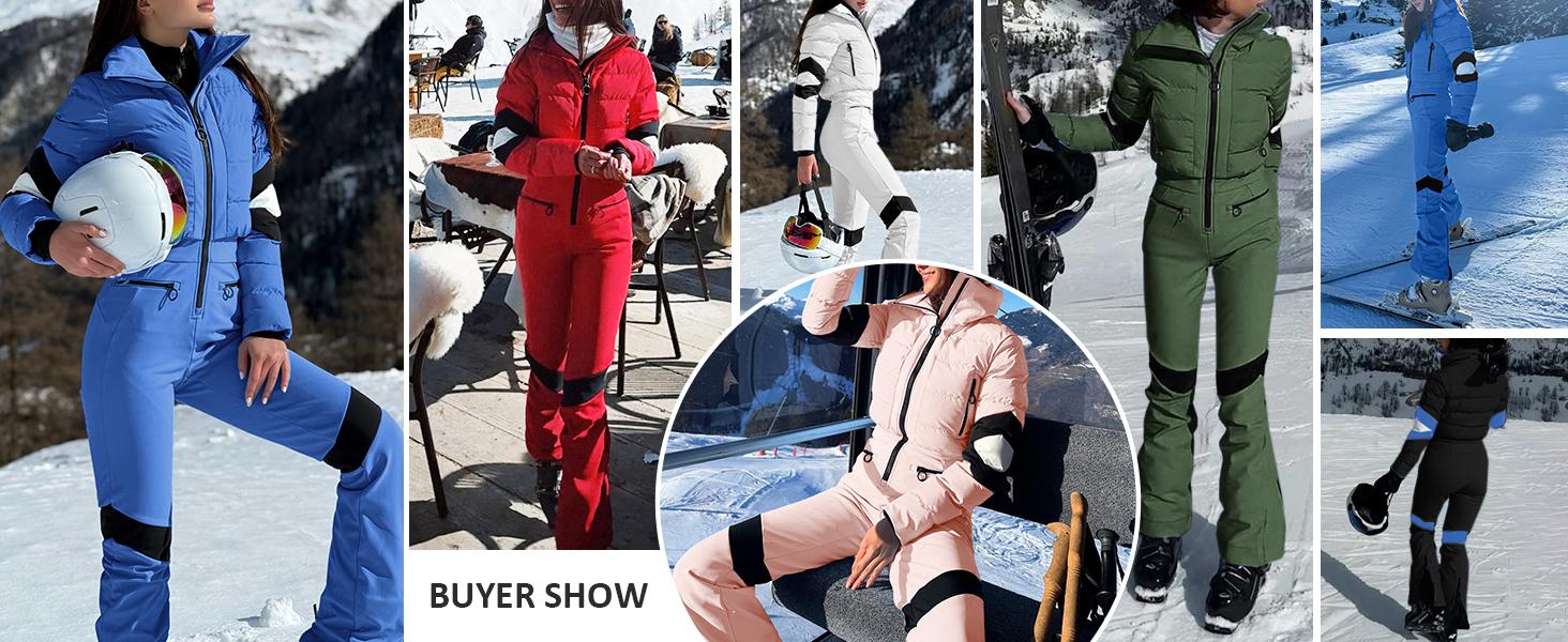 Yousify Womens Onesie Ski Suit Winter Outdoor Sports Warm Waterproof Snowsuit Color Block Jumpsuits Snow Jackets