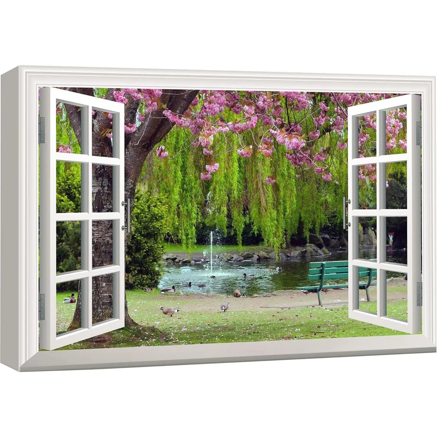 36"x24" Canvas Print Wall Art - Realism Rustic Abstract Art Window View of Cherry Blossoms & Ducks in Park, Nature Landscape for Living Room, Bedroom - Thanksgiving, Easter, Valentines Day, Childrens Day Decor, Building, Map