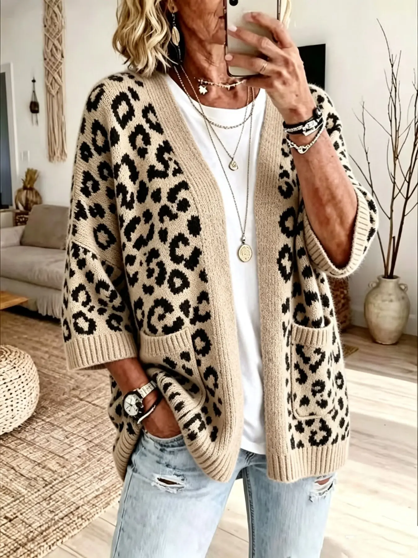 Plus Size Leopard Print Open Front Knit Cardigan, Batwing 3/4 Sleeve Loose Sweater Coat, Fall Winter Casual Street for Women