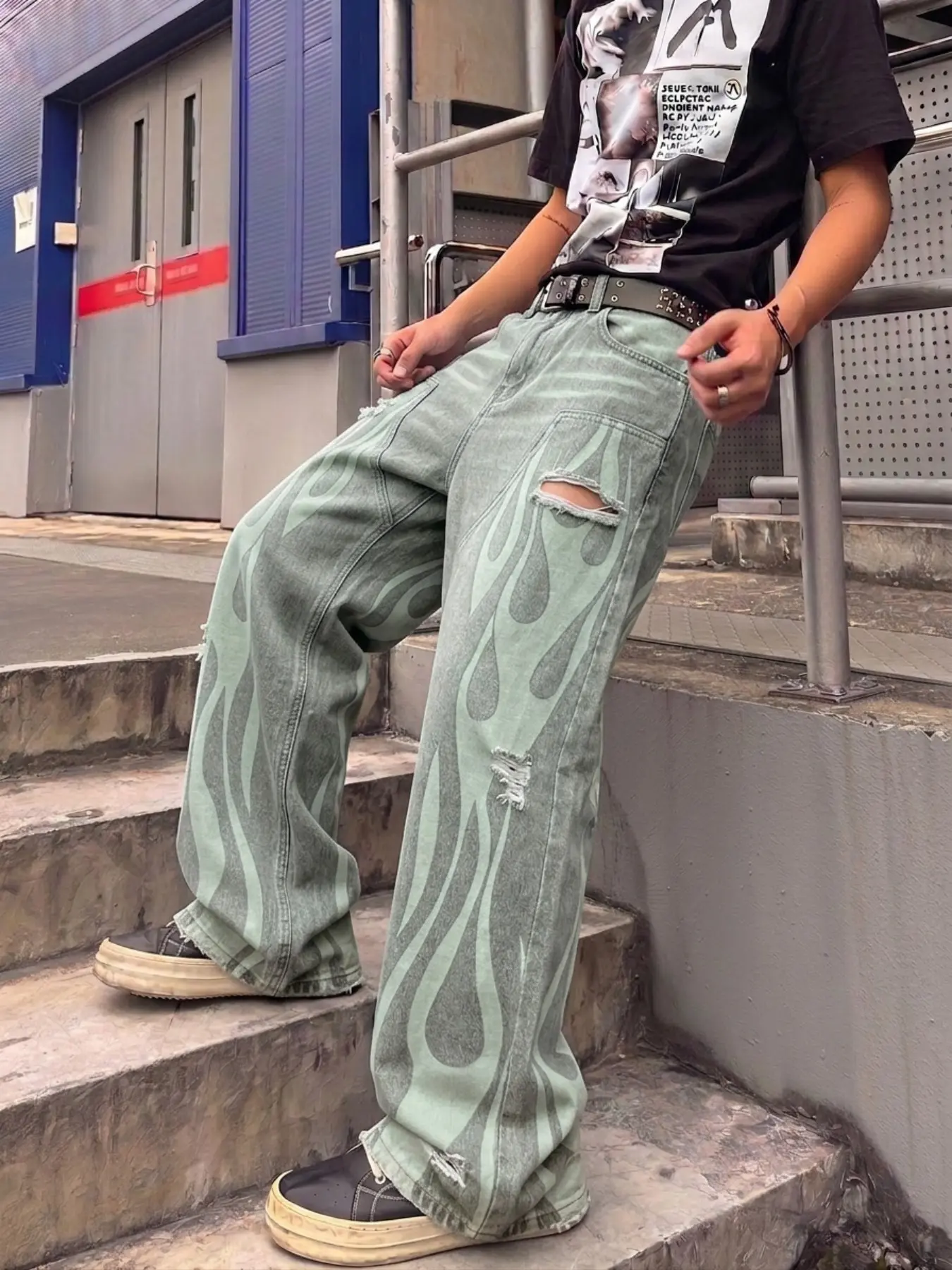 2026 Spring Summer American Retro Wide Leg Pants, Flame Print Ripped Design, Fashion Casual Loose Denim Jeans, Daily Wear
