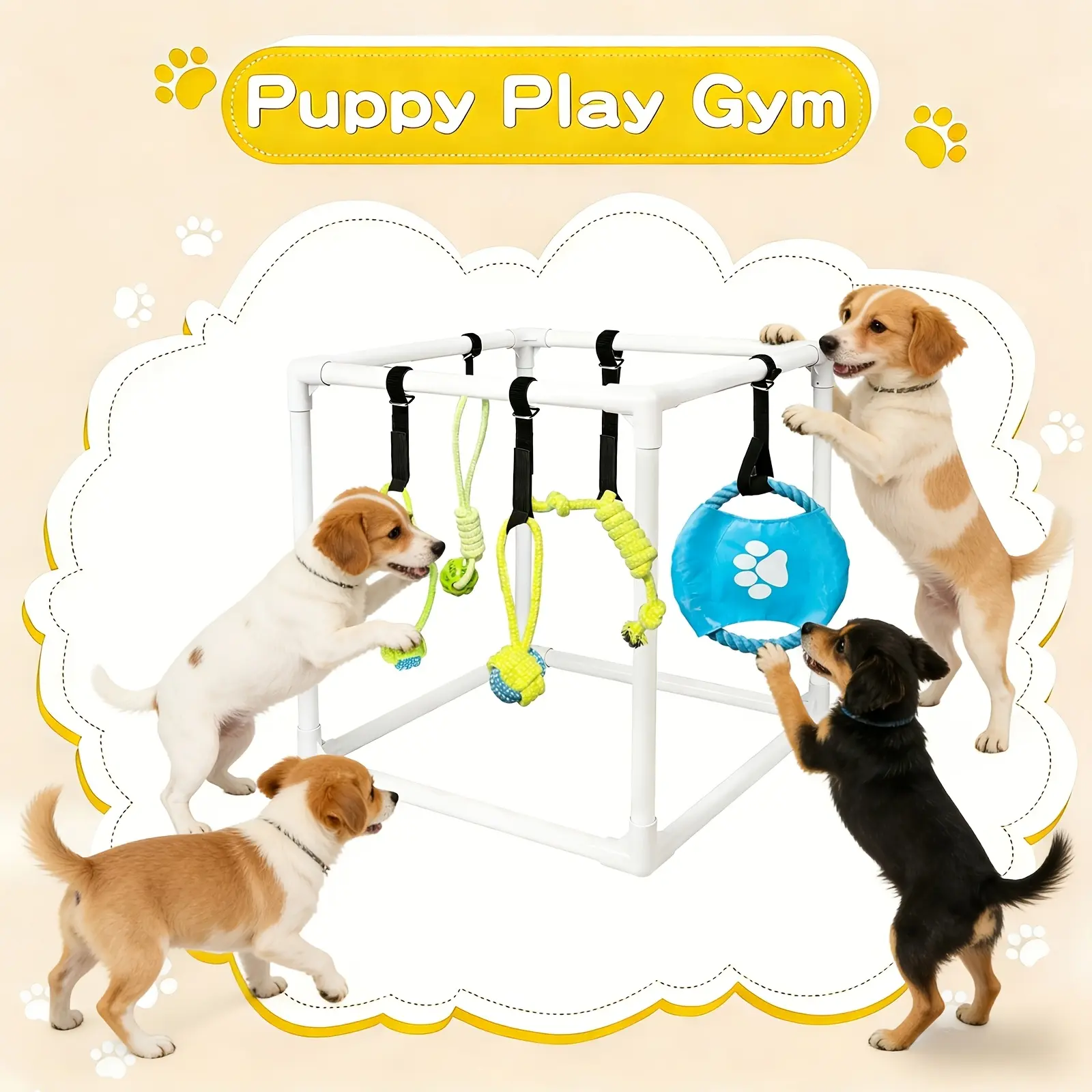 1pc Puppy Game Fitness Gym, with 5pcs Hanging Toys And Strong Suction Cup - Detachable Dog Enrichment Playground, PVC Frame - Indoor Jungle Gym And Small Dog Activity Center, with Squeaky And Teething Toys, Activity Fence, Game Rack
