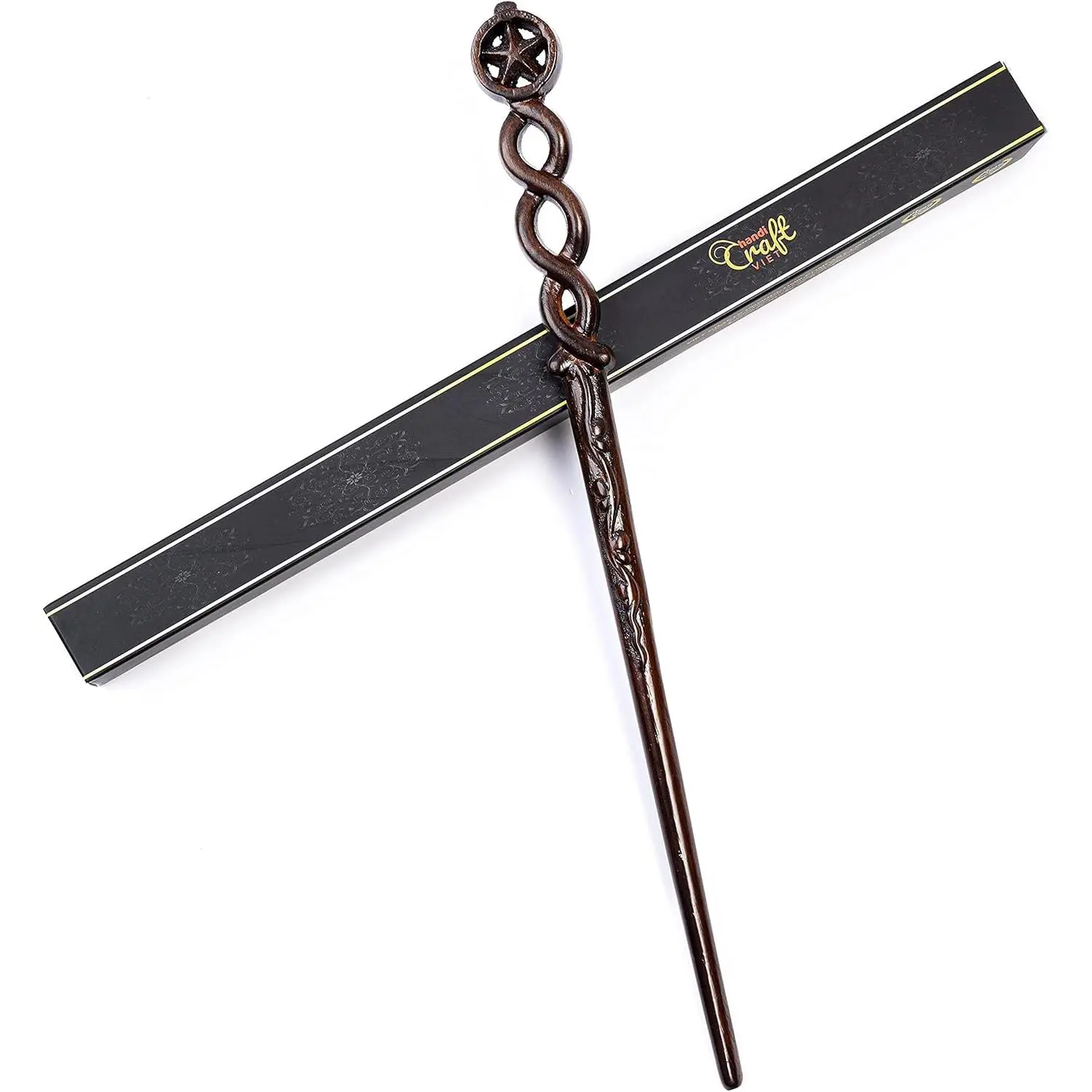 Hand Carved Wood Magic Wand Witch Wand Real Wood Wizard Wands 15' for Halloween Christmas and Birthday Party Wooden Wand Star (S5)