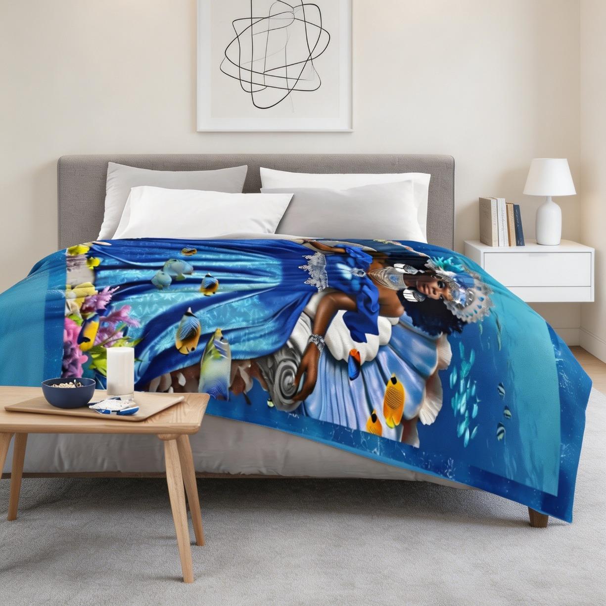 Bless You Yemoja Flannel Blanket, Yemayá Water Goddess Orisha Throw Blanket, Lightweight Cozy Sofa Blanket, Spiritual Living Room Decor, Perfect Gift