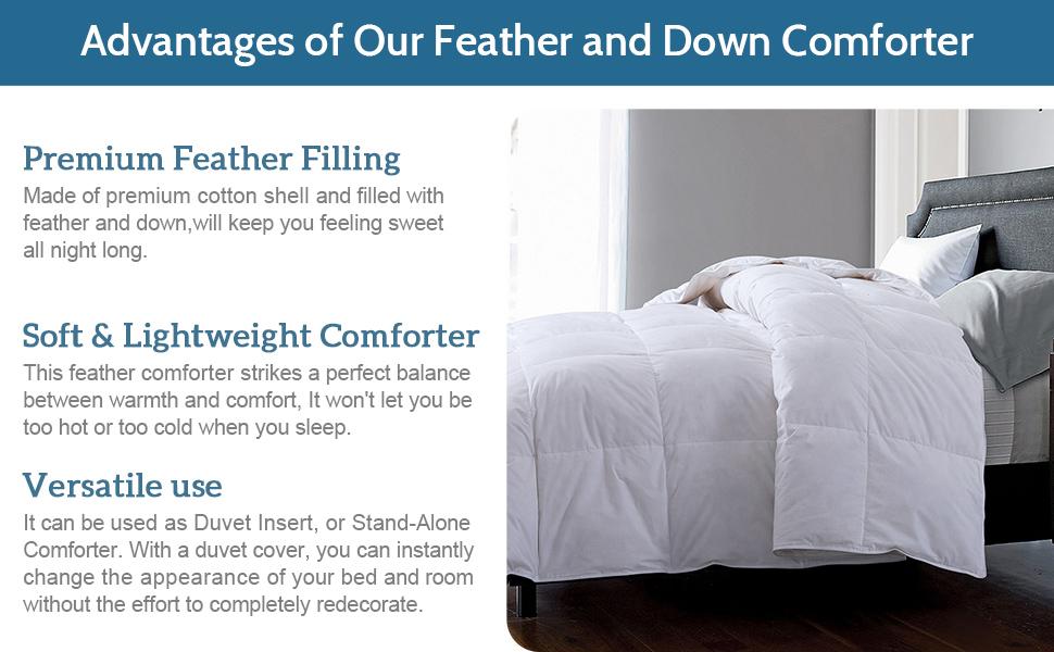 Queen Feather Comforter, Filled with Feather and Down, White Lightweight Duvet Insert - Luxurious Bed Blanket Comforter -100% Cotton Shell - Queen Size 88x88 Inch