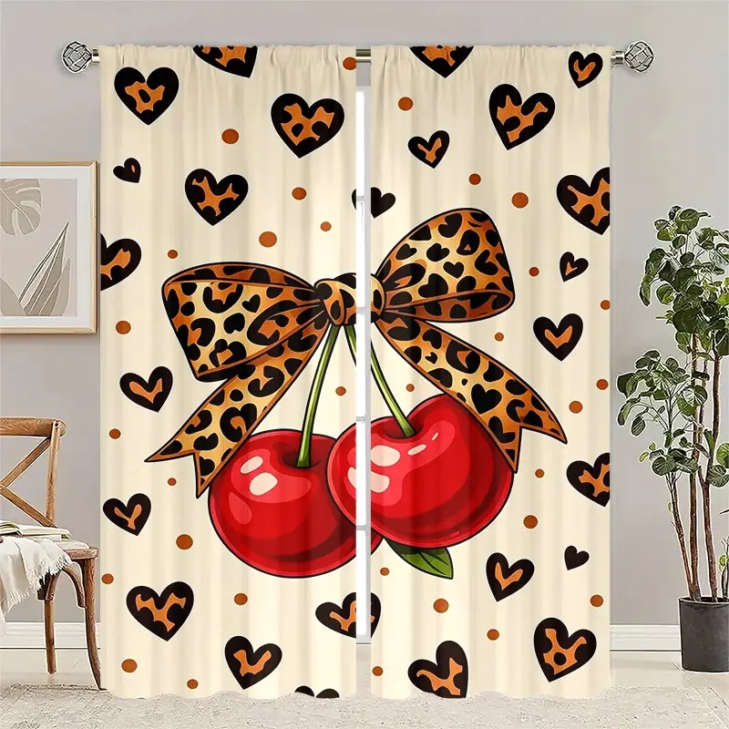 2 Pcs Leopard Print Bow Cherry Pattern Semi-Sheer Curtains, Cute Cherry & Leopard Heart Dots, Vintage Sweet Home Decor Window Curtain for Bedroom Living Room