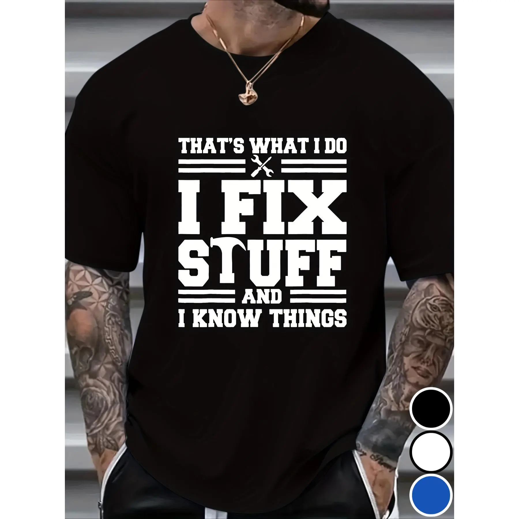 Men's Pure Cotton Funny "I Fix Stuff" Graphic Short-Sleeve Knit T-Shirt - Heavy-Duty Casual Mechanics' Top - Plus Size Round Neck Stretch Menswear Tee, Ideal Gift