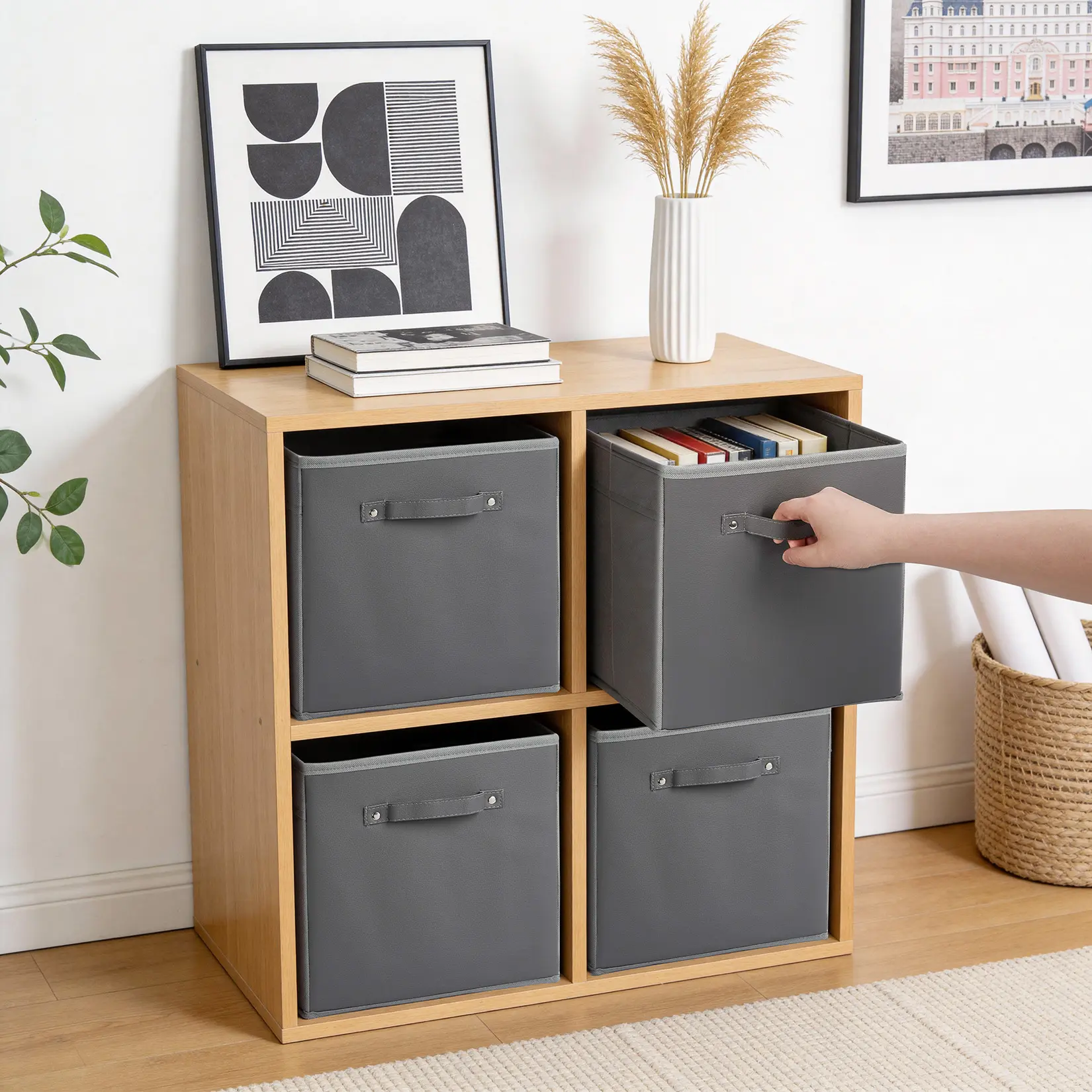 11-Inch Collapsible Fabric Storage Cubes with Faux Leather Handles - Home Organizer Boxes for Foldable Box Shelving & Storage, Closet Clothes & Toys