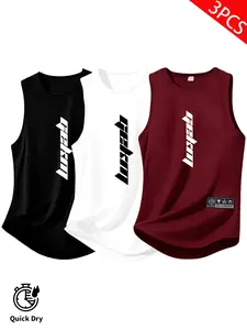 3-Pack Men's Lightweight Round Neck T-Shirts, Letter Print, Quick-Dry Breathable, Moisture-Wicking, Summer Casual Shirts, Sporty Style