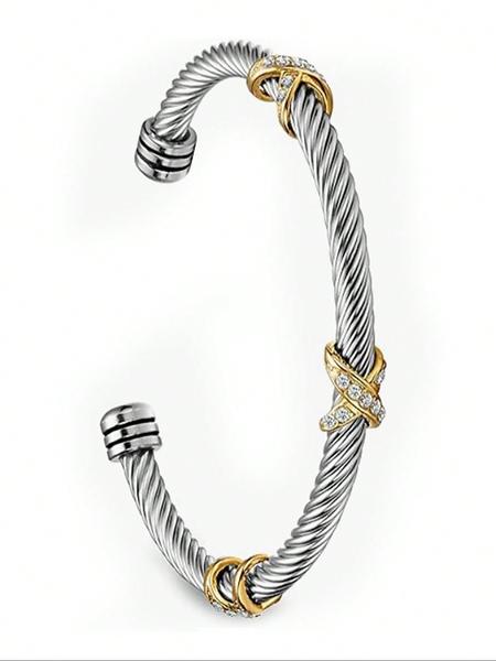 Women's Adjustable Stainless Steel Twisted Cable Bracelet with Zirconia Stones, Casual Cross Color Design, All Season Jewelry Accessory