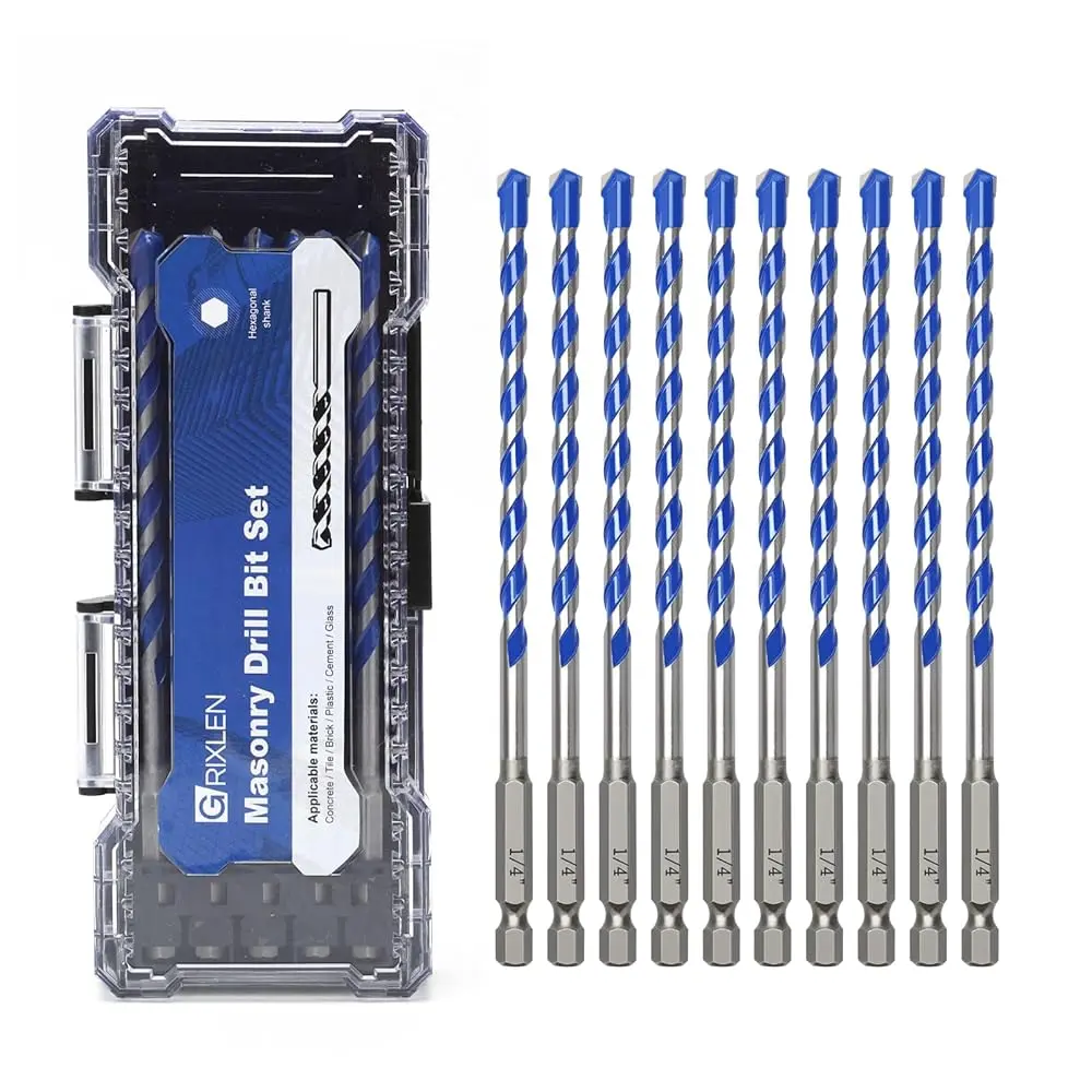 10 Pack 1/8 inch Hex Shank Masonry Drill Bit Set - Carbide Tip Hex Shank Concrete Drill Bits for Brick, Tile, Cement, Glass & Plastic
