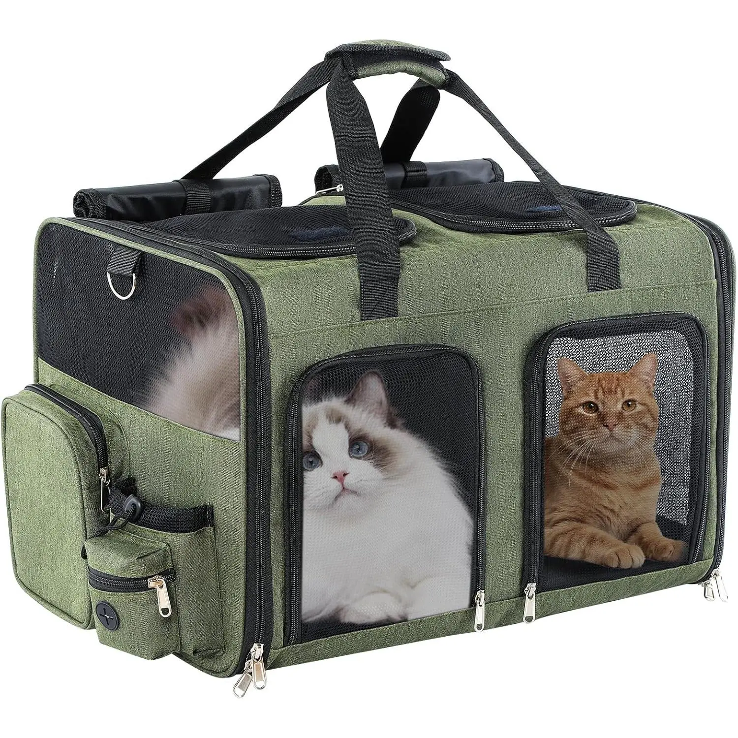 Cat Carrier for 2 Cats - Double Pet Carrier Extra Large, Dual Cabin Multi Cat Travel Carrier with Removable Divider, Collapsible, Can Hold 20 30 40 lbs for Two Small Kitten, Medium Dog Green