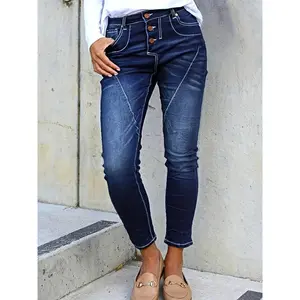 - Women'S Small Straight Leg Western Cowboy Jeans, Heavily Washed Retro Dark Blue, Ideal for Year-Round Wear, Comfortable Fit with And Stretch Fabric, Enhanced with Patchwork Workwear Design