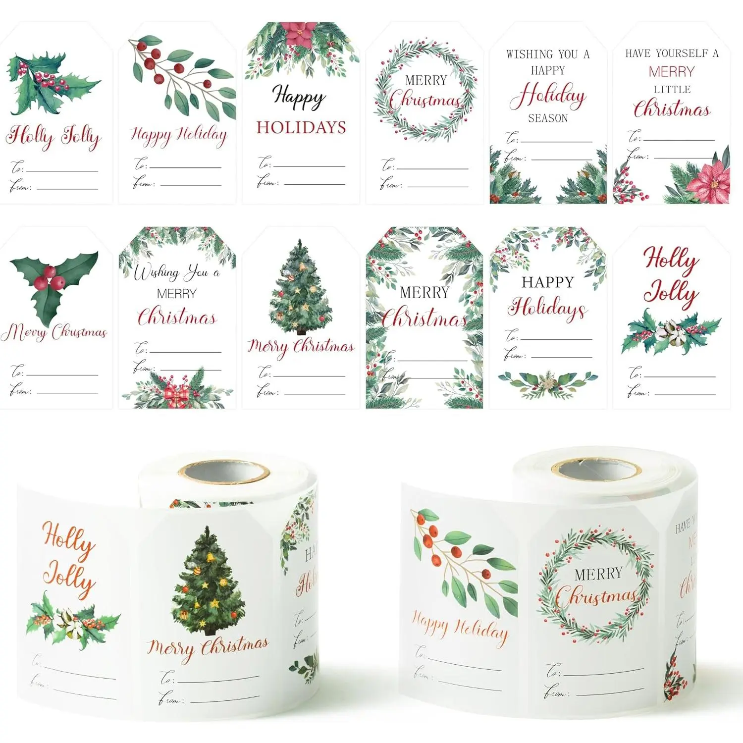 Watercolor Christmas  Tags - 600 count Christmas Watercolor   Tag Christmas Tree Rolls Sticker to from Self-Adhesive Name Tag Label Winter  Presents Package Envelope Seals