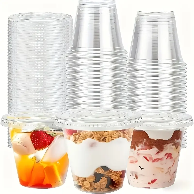 200 sets (100 cups +100 lids) 250ml transparent plastic cups with flat lids are non-porous, and the cups with lids are suitable for ice cream, pudding, snack smoothies, milkshakes, cold drinks, Halloween and Christmas activities and party supplies.